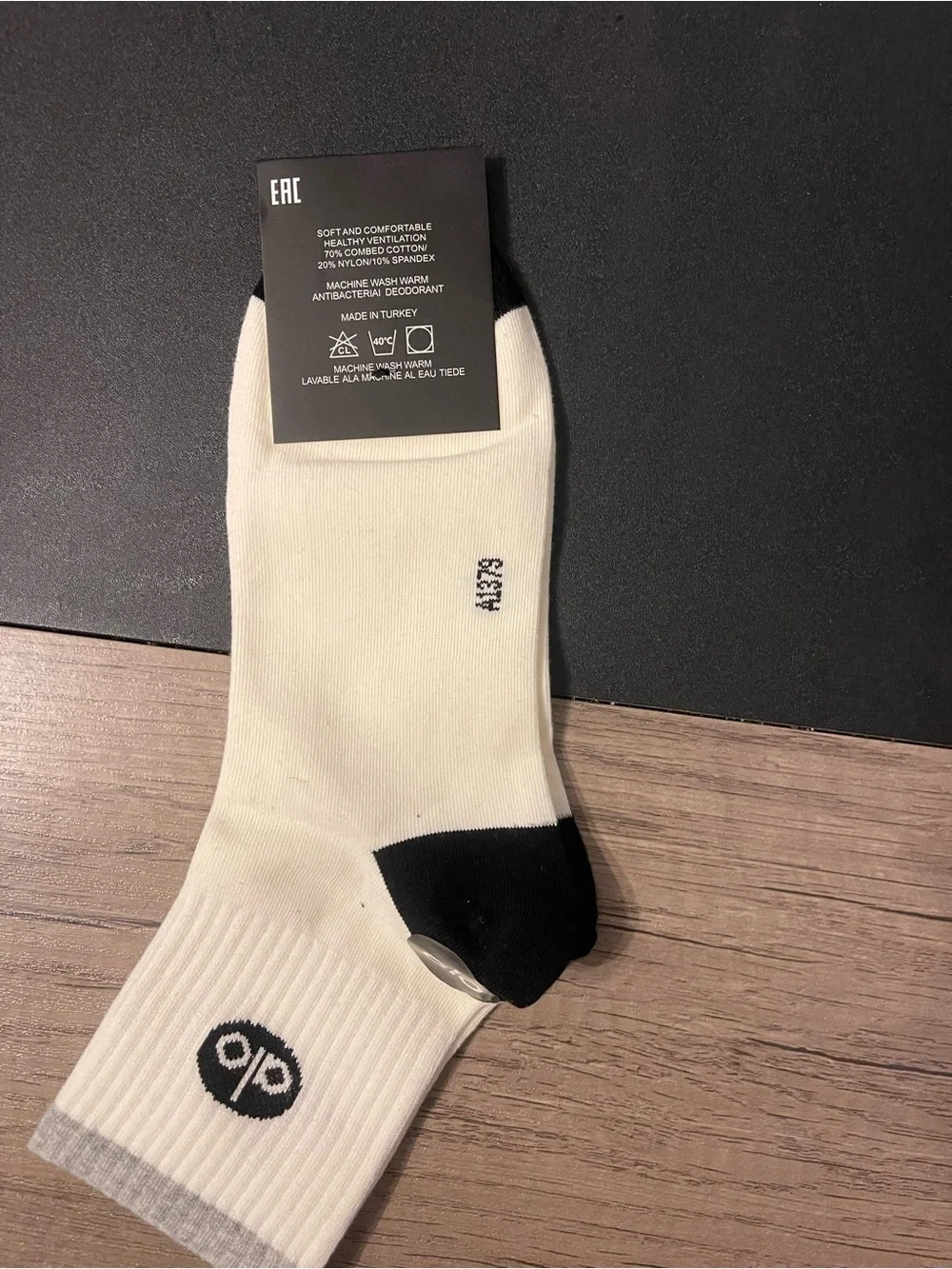 ALO Yoga White Crew Socks with Black Heel and Gray Cuff
